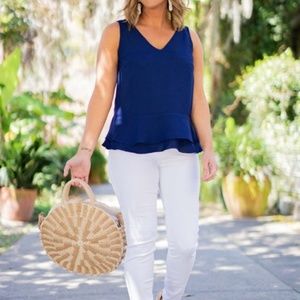 Gibson | Navy Willow Tiered Peplum Top Medium